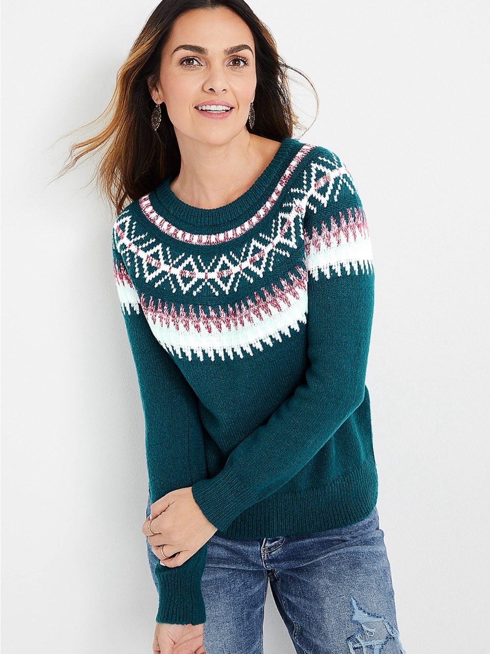 Maurice’s Fair Isle Sweater Green Women’s NWT Crew Neck Size Small